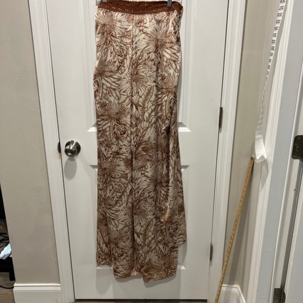 Aakaa Womens Strapless Jumpsuit Tropical Botanical Satin Brown Cream Size M